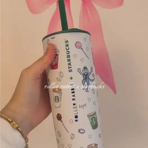 Starbucks White Tumbler with Green Straw and Playful Graphics
